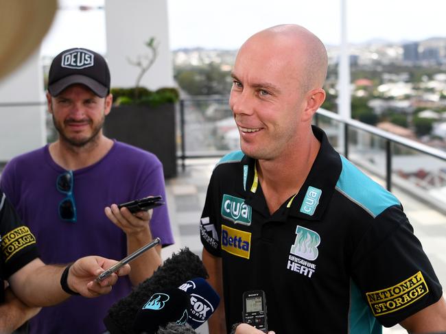 Brisbane Heat T20 batsman Chris Lynn speaks to the media during a press conference overlooking the Gabba cricket ground in Brisbane, Monday, December 10, 2018. (AAP Image/Dan Peled) NO ARCHIVING