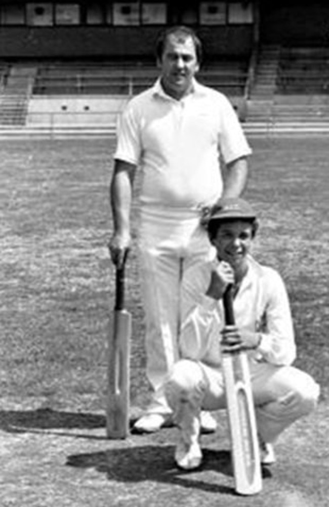 Aaron Martello, aged 15, with his dad Bob prior to his First XI debut in 1983. They are in front of the old grandstand at Mordialloc.