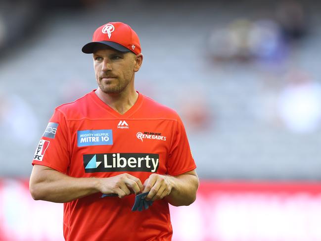 MELBOURNE, AUSTRALIA - JANUARY 20: Aaron Finch of the Renegades looks on prior to the Big Bash League match between the Melbourne Renegades and the Melbourne Stars at Marvel Stadium, on January 20, 2021, in Melbourne, Australia. (Photo by Robert Cianflone/Getty Images)