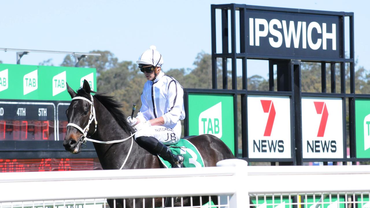 Race three Ipswich winner Montez, ridden by Jake Bayliss. Picture: Claire Power