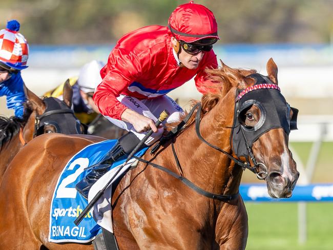Benagil, ridden by Mark Zahra, wins the Australasian Oaks at Morphettvilleon Saturday. Picture: Makoto Kaneko
