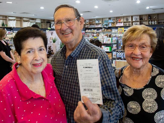 The Mawson lakes Newsagent have people lining up to buy a ticket in the $200 Million Powerball. Evelyn and Bryan Moore  and Lesley Bartholomaeus.1st February 2024 - Picture: Brett Hartwig