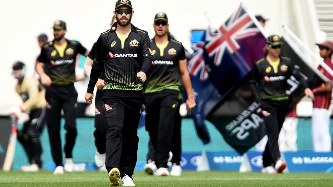 Glenn Maxwell leads the Aussies out against New Zealand in the recent T20 series. Picture: Joe Allison/Getty Images