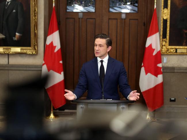 Conservative Party of Canada leader Pierre Poilievre speaks during a news conference on Parliament Hill December 20, 2024 in Ottawa, Canada. Canada's embattled Prime Minister Justin Trudeau will announce a major cabinet shuffle, days after the surprise resignation of his longtime number two shocked the nation. (Photo by Dave Chan / AFP)