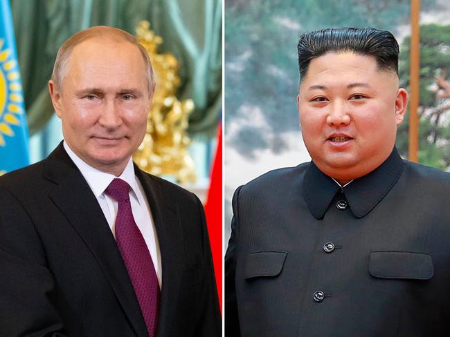 This combination of files pictures made on April 18, 2019, shows portraits of Russian President Vladimir Putin taken , April 3, 2019 in Moscow and is file photo taken on October 7, 2018 and of North Korea's leader Kim Jong Un ( a handout released by North Korea's official Korean Central News Agency (KCNA) via KNS) taken on October 8, 2018 in Pyongyang. - North Korea's leader Kim Jong Un will visit Russia for talks with Vladimir Putin this month, the Kremlin said on April 18, 2019, as tensions between Washington and Pyongyang spiked higher. (Photo by Alexander Zemlianichenko and Handout / various sources / AFP) / South Korea OUT / ---EDITORS NOTE--- RESTRICTED TO EDITORIAL USE - MANDATORY CREDIT 