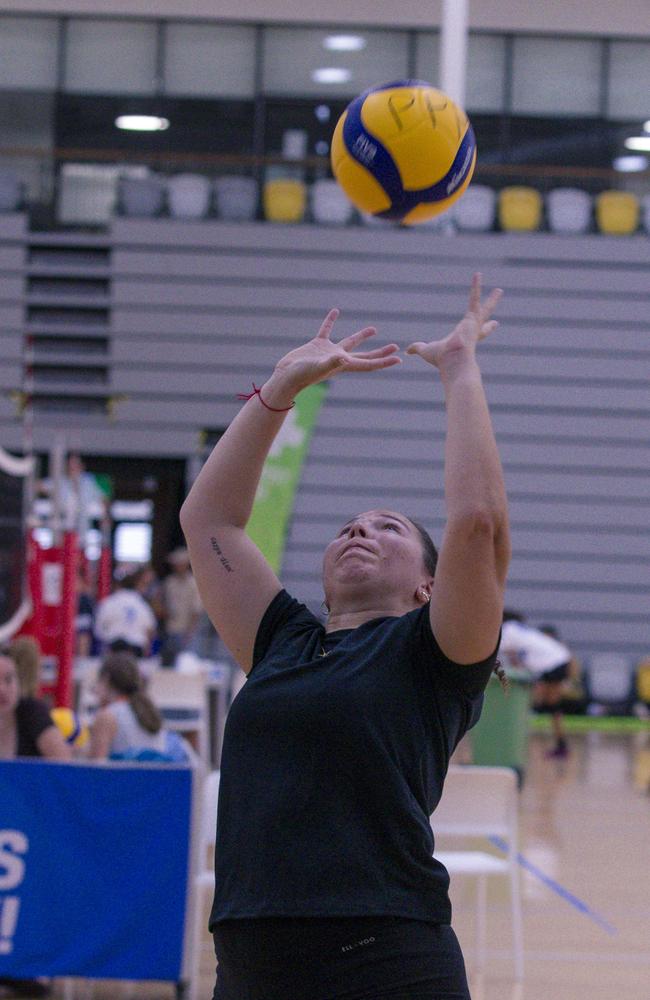 Action as the Ballina Tridents V the Seniorits in the Pan Pacific Masters Games Volletball tournament. Picture: Glenn Campbell