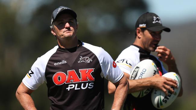 Coach Ivan Cleary and assistant coach Trent Barrett during Penrith Panthers NRL training at Penrith. Picture: Brett Costello