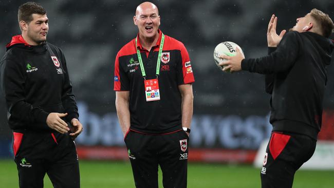 A relaxed St George coach Paul McGregor has a smile and a joke with Blake Lawrie and Zac Lomax before the match. Picture: Brett Costello