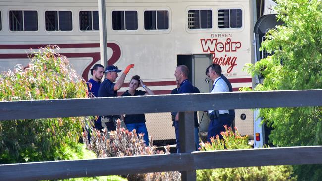 Police are seen at Darren Weir stables in Miners Rest, Victoria. Picture: AAP