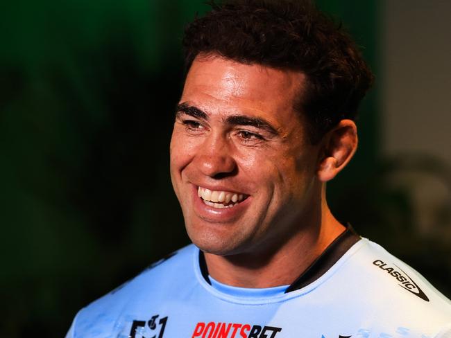 SYDNEY, AUSTRALIA - MARCH 01: Dale Finucane of the Cronulla-Sutherland Sharks looks on during the NRL Telstra Premiership 2024 Season Launch at Telstra HQ on March 01, 2024 in Sydney, Australia. (Photo by Mark Evans/Getty Images)