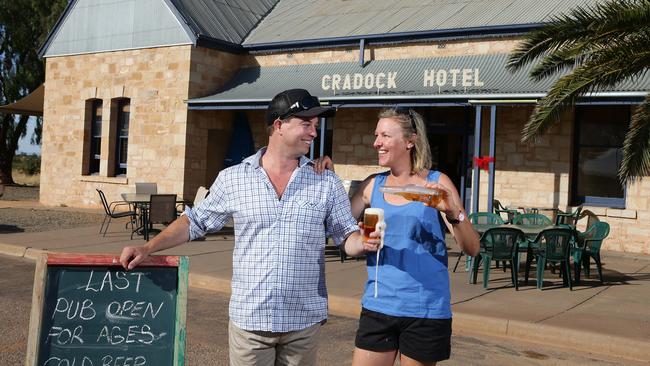 Richard Anderson and Rachael Hilder at the Cradock Hotel in the Flinders Ranges. Picture: Dylan Coker