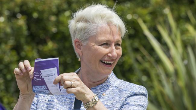 Independent candidate in the Wentworth by-election, Kerryn Phelps, at pre-polling at Waverly Oval on Wednesday. Picture: Dylan Robinson