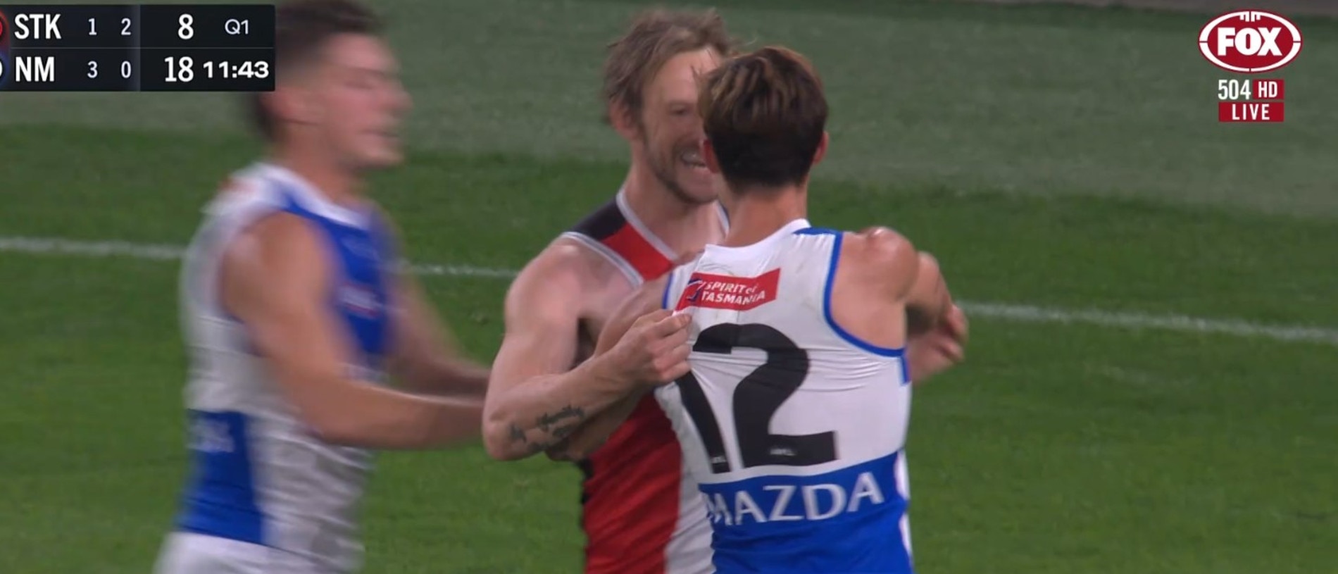 Jimmy Webster and Jy Simpkin tangle after their pre-season controversy.