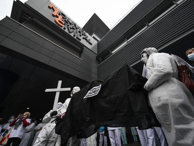 Protesters at a demonstration of medical staff members outside the New Civil Hospital in Strasbourg, eastern France. Picture: AFP