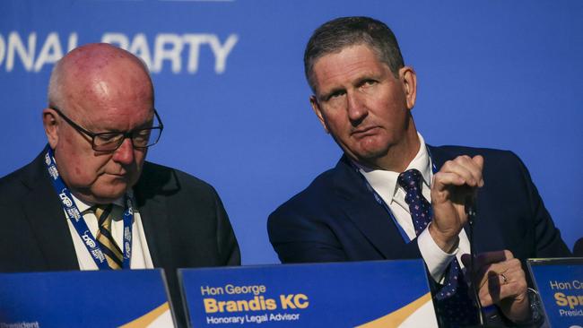 LNP honorary legal adviser George Brandis and LNP president Lawrence Springborg at the party’s annual convention in Brisbane. Picture: Glenn Campbell