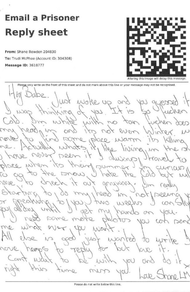 Handwritten love letters Shane Bowden wrote from prison.