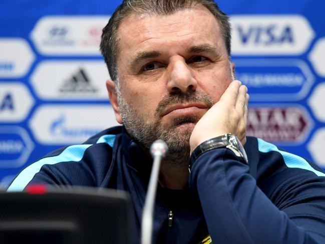 Australia's coach Ange Postecoglou attends a press conference during the Russia 2017 Confederations Cup football tournament in Sochi on June 18, 2017. / AFP PHOTO / PATRIK STOLLARZ
