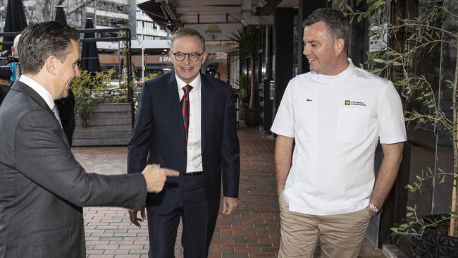 The Prime Minister, Anthony Albanese at Capital Chemist in Kingston with Mark Butler and President of the Pharmacy Guild Trent Twomey last year. Picture: NCA NewsWire / Gary Ramage