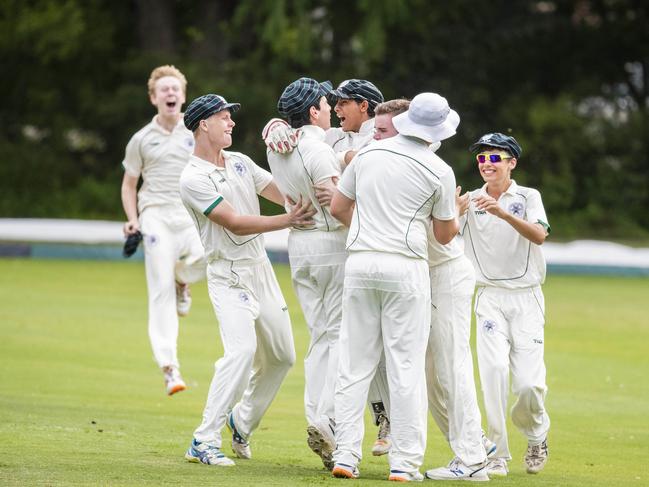 BBC celebrate a wicket in the GPS cricket game between Brisbane Boys College BBC and Southport TSS at Oakman Park, Taringa, Saturday, March 14, 2020 (AAP Image/Richard Walker)