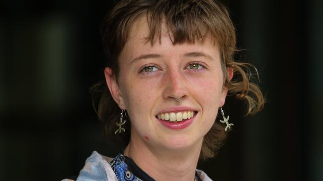 Emma Dorge at the Downing Centre Court in Sydney where she was sentenced for a Blockade Australia Protest in March 2022 when she suspended herself from the side of a Port Botany Freight Bridge. Picture: NCA Newswire / Gaye Gerard