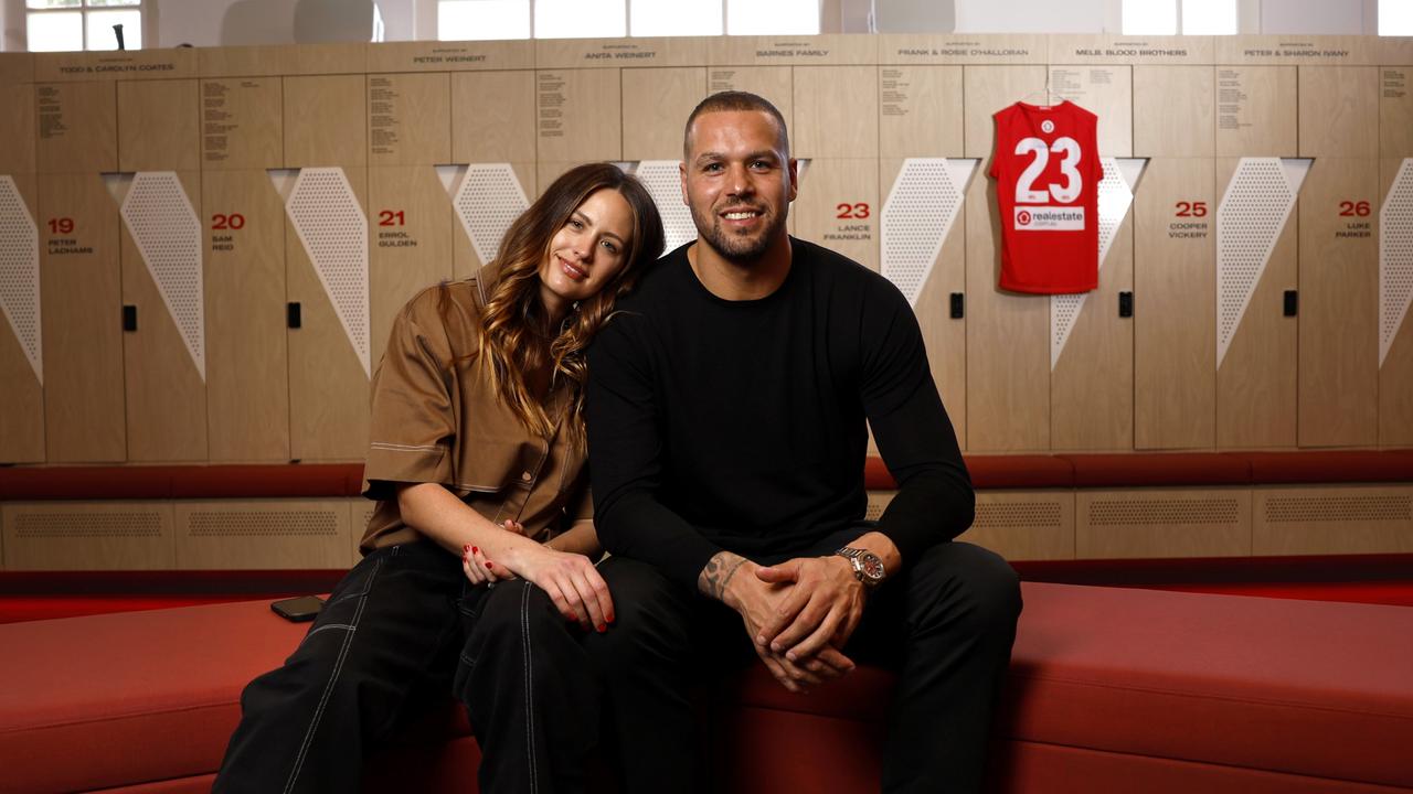 Sydney Swans star Lance Franklin today announced that he will retire from the game effective immediately. Buddy with his wife Jesinta in the dressing rooms today after addressing the playing group. July 31, 2023. Photo by Phil Hillyard (Image Supplied for Editorial Use only - **NO ON SALES** - Â©Phil Hillyard )