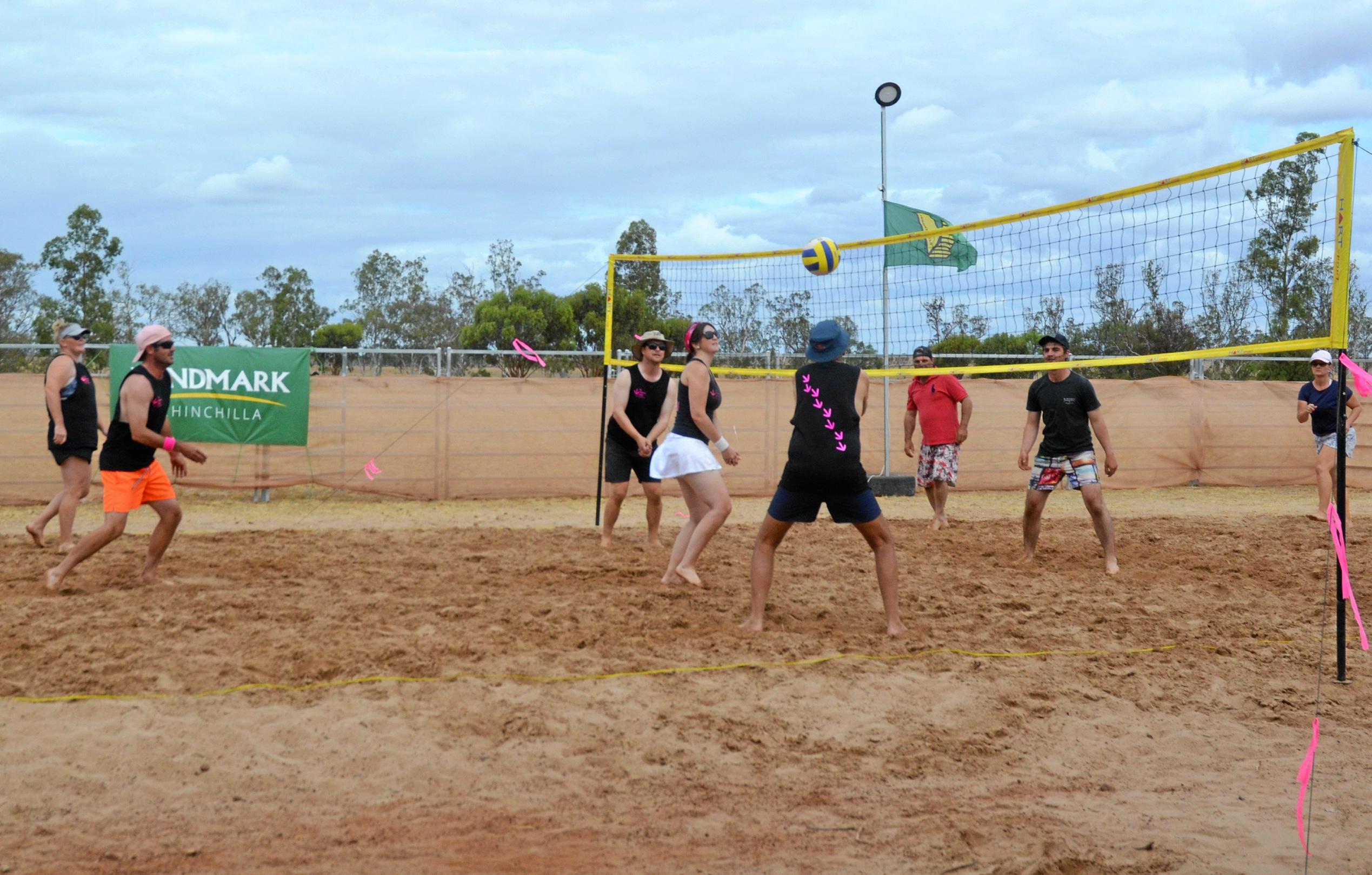 The Dulacca Hotel team playing hard at the Dulacca Sports Club annual Bush Beach Volleyball tournament. Picture: Kate McCormack