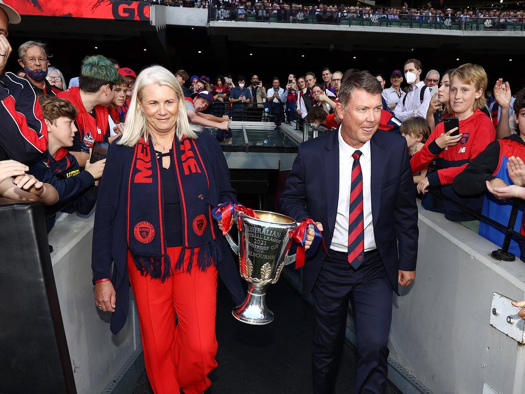 Departed Melbourne president Kate Roffey and CEO Gary Pert in 2022 with the Premiership Cup. Photo by Michael Klein