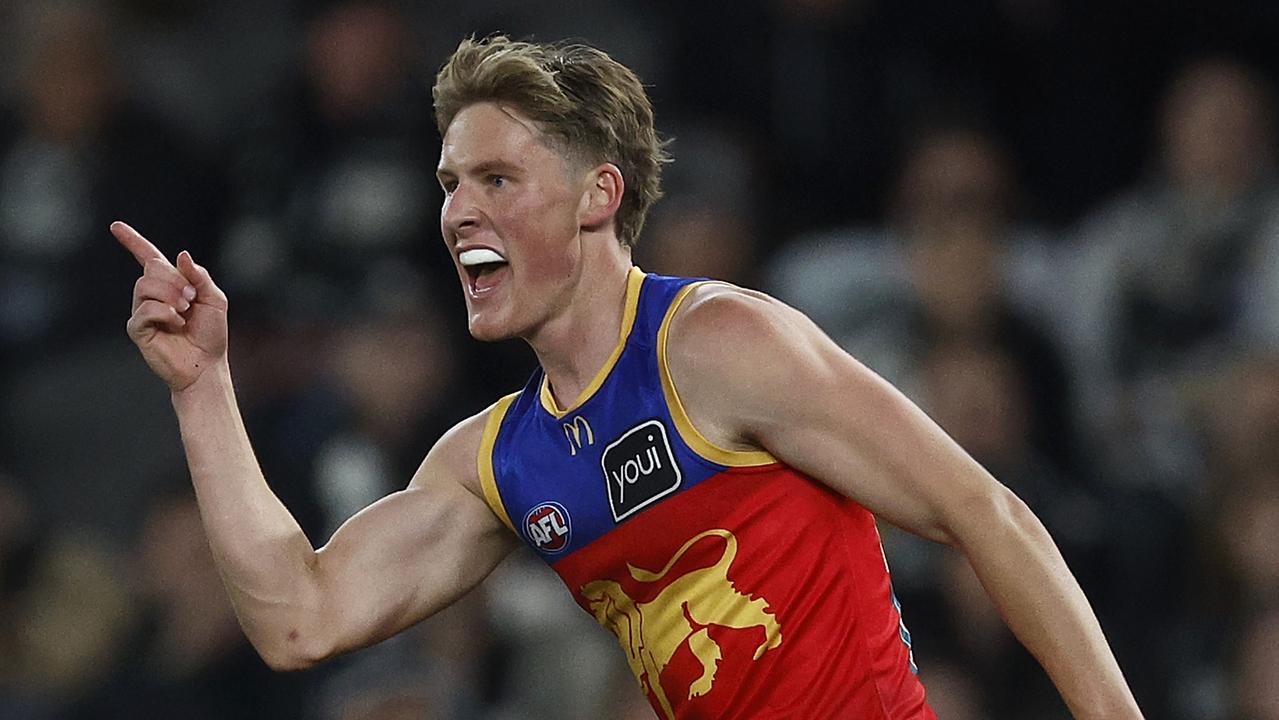 Jaspa Fletcher enjoys a goal during Brisbane’s victory over Collingwood. Picture: Daniel Pockett/Getty Images.