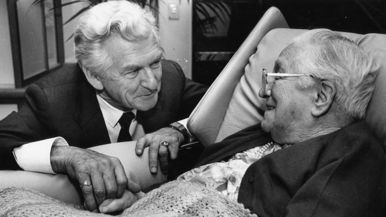 Bob Hawke meeting Miss Eulalia (Lalie) Howard during a visit to the Helping Hand Centre nursing home at North Adelaide in 1991. The former schoolteacher was a close friend of Mr Hawke's mother and knew him as a baby in Bordertown.