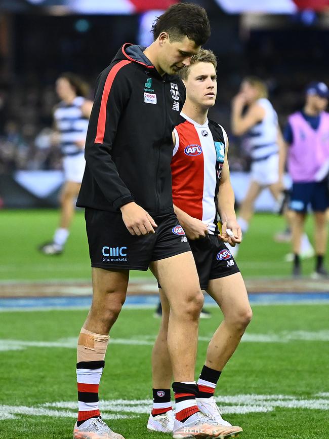 Rowan Marshall limps from the field after the game. Picture: Quinn Rooney/Getty Images