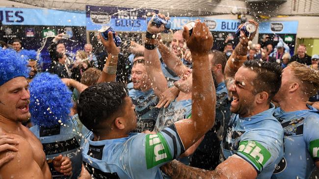 Blues players celebrate their series win. Picture: AAP