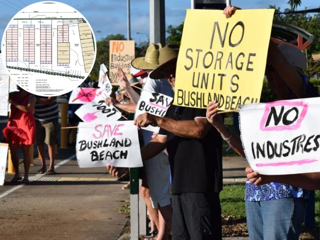 Protesters rallying against Brisbane-based developers Parmac Property Group’s plans for a 145 unit self-storage facility on an 8165sqm vacant block in a low-density residential zone at 5 Goicoechea Drive in Bushland Beach, Townsville. Picture: Supplied