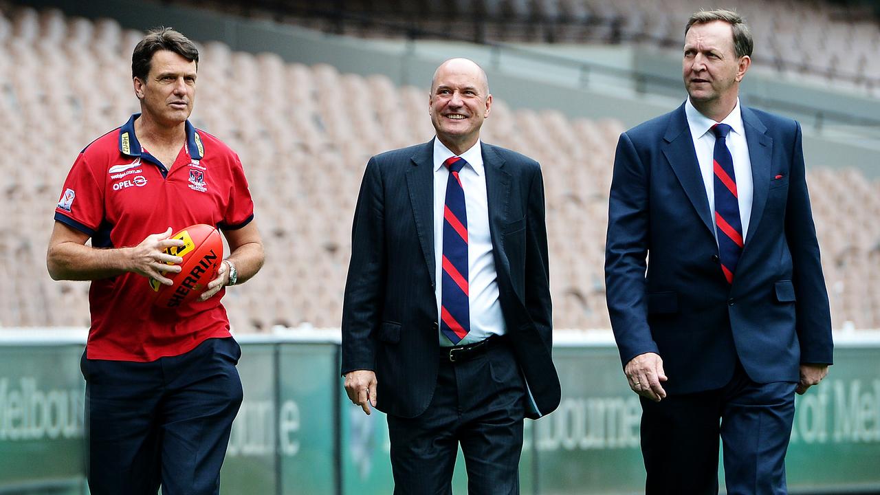 Paul Roos announcement as new Melbourne coach. New Melbourne Coach Paul Roos, CEO Peter Jackson and Melbourne President Glen Bartlett.