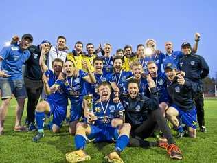 CHAMPIONS: USQ FC celebrate their Premier Men's grand final win against Willowburn at Clive Berghofer Stadium. Picture: Kevin Farmer