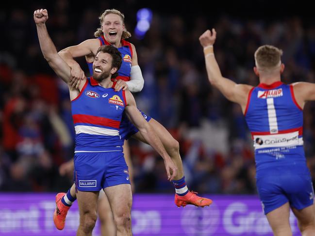 Marcus Bontempelli put the Demons to the sword in a dominant first quarter. Picture: Darrian Traynor/Getty Images