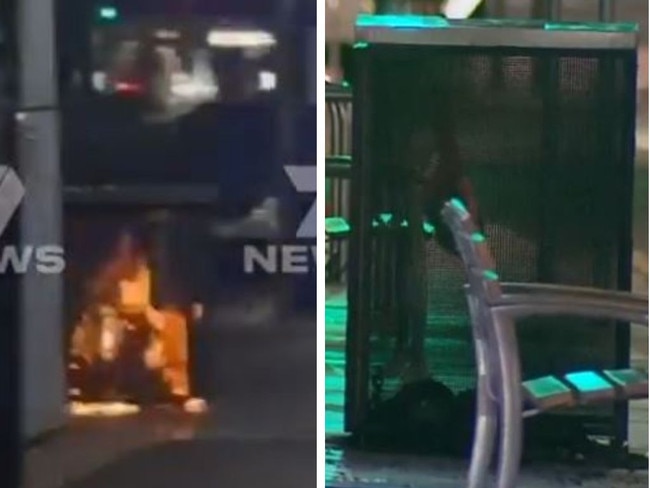 A 29-year-old man has been arrested after six rubbish bins were set alight along Grenfell Street. Picture: 7NEWS