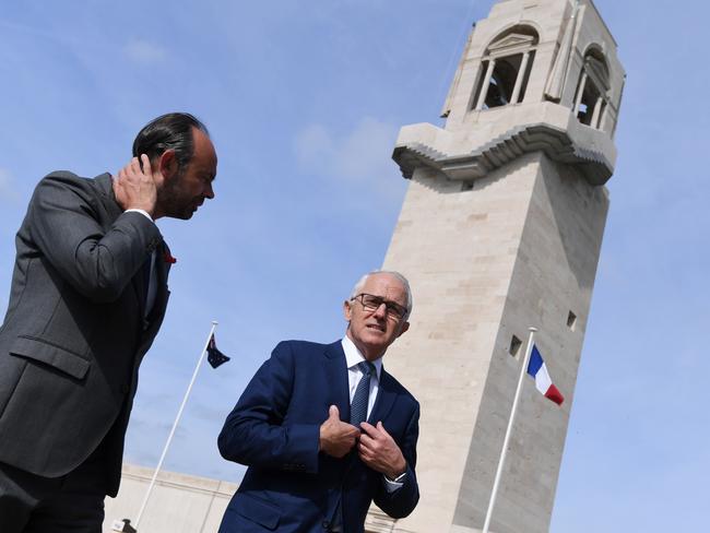 Prime Minister Malcolm Turnbull (right) and French Prime Minister Edouard Philippe tour the Australian National Memorial at Villers-Bretonneux. Picture: AAP