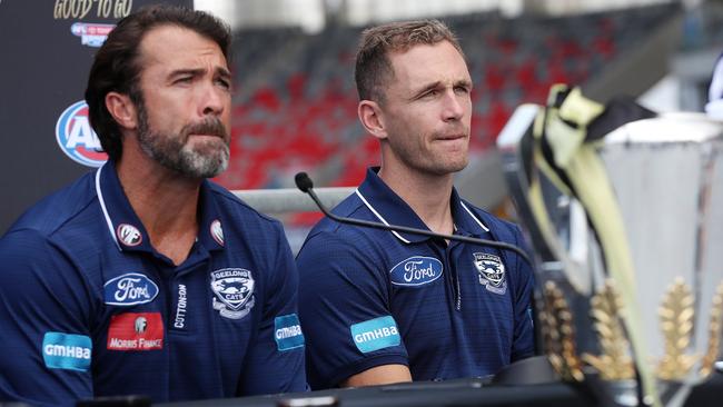 Chris Scott and Joel Selwood are confident the Cats have what it takes to beat the Tigers. Picture: Michael Klein