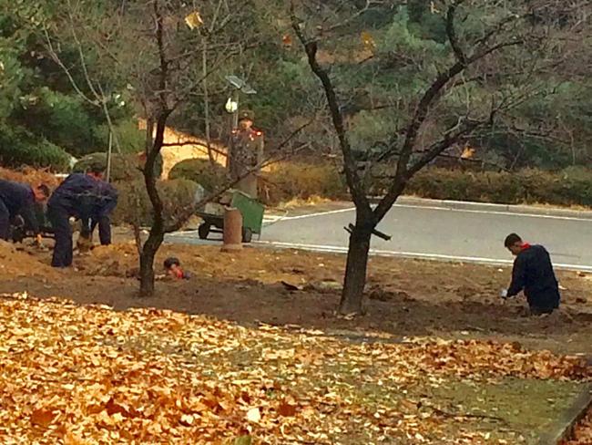 North Korean workers dig on the North side of the border line while soldiers stand guard. Picture: THE US EMBASSY IN SEOUL/AFP