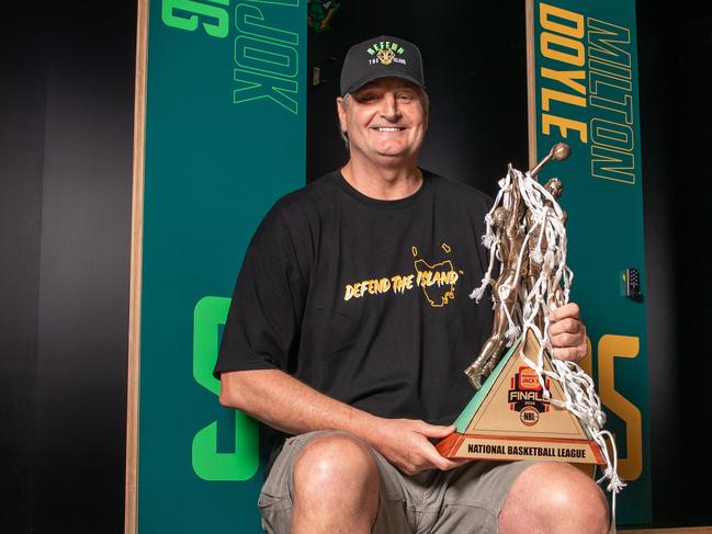 JackJumpers coach Scott Roth with the NBL trophy. Picture: Linda Higginson/Tasmania JackJumpers