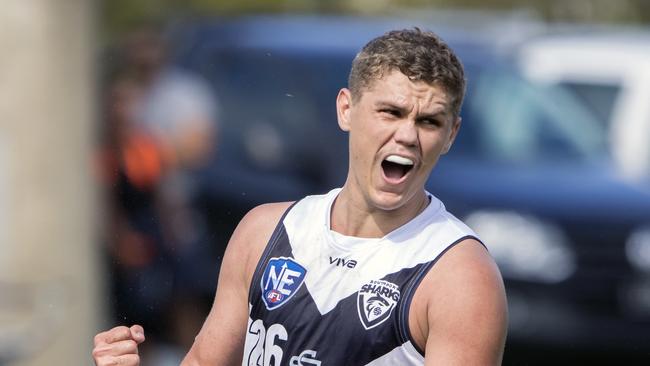 Cody Filewood celebrates after kicking a goal against Aspley in the NEAFL semi-final at Fankhauser Reserve on Saturday, September 8, 2018. Picture credit: TJ Yelds.