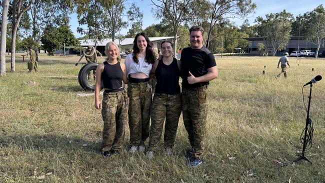 Townsville media takes on army fitness session with 3RAR. (L-R) 7News reporter Maeve Dougherty, Townsville Bulletin journalists Holly Fishlock and Jami Roberts and WIN News reporter Hayden Menso.
