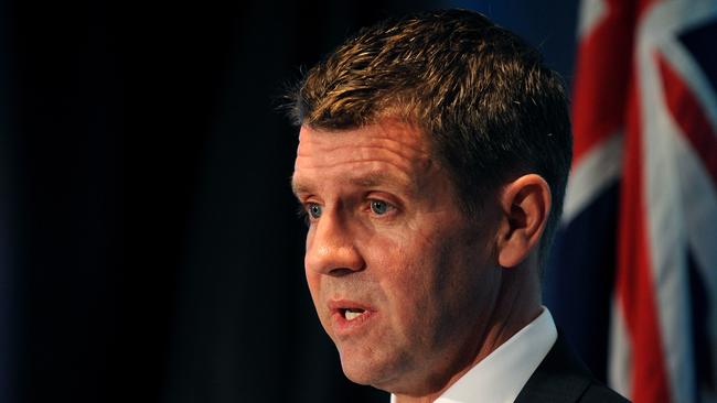 Then-NSW Premier Mike Baird annoucing the sale of 50 per cent of the Port of Newcastle in 2014.