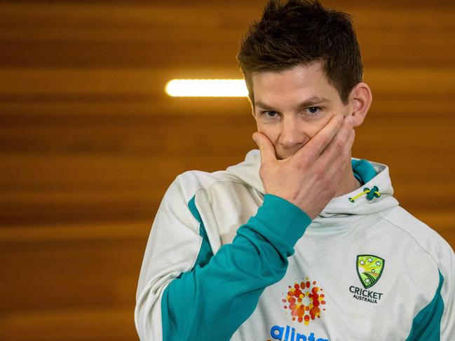 Australia cricket team captain Tim Paine gestures at a press conference to discuss his preparation to defend the Ashes against England this summer, at the National Cricket Centre in Brisbane on June 14, 2021. (Photo by Patrick HAMILTON / AFP) / IMAGE RESTRICTED TO EDITORIAL USE - STRICTLY NO COMMERCIAL USE