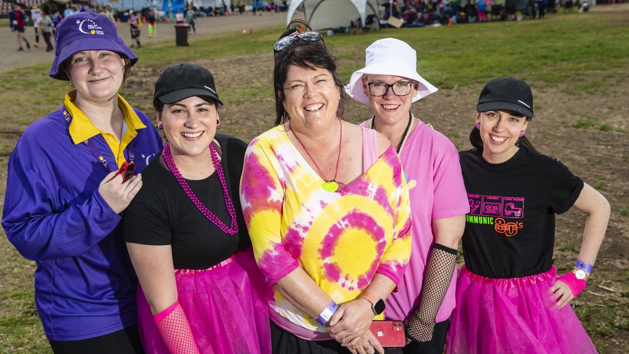 Members of the Miracle Misfits (from left) Rachel Timms, Brooke Chapman, Julie Fraser, Jodie Rigby and Danielle Chapman at the Relay for Life at Toowoomba Showgrounds, Saturday, September 10, 2022. Picture: Kevin Farmer