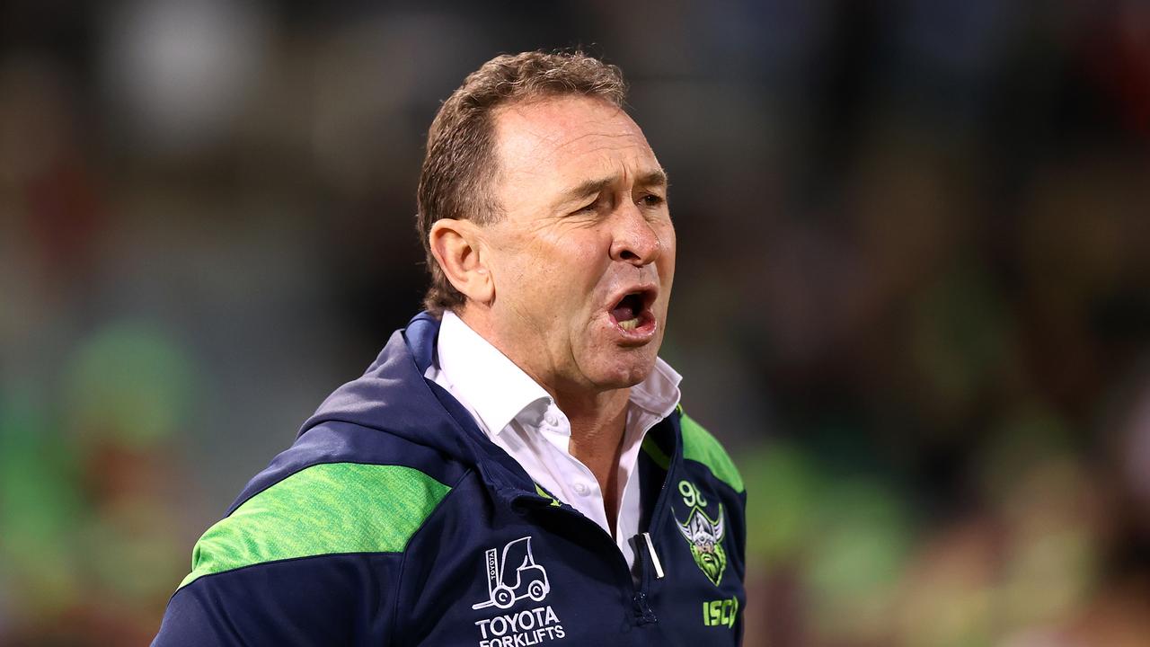 CANBERRA, AUSTRALIA - AUGUST 06: Raiders coach Ricky Stuart watches on from the bench during the round 23 NRL match between Canberra Raiders and Wests Tigers at GIO Stadium on August 06, 2023 in Canberra, Australia. (Photo by Mark Nolan/Getty Images)