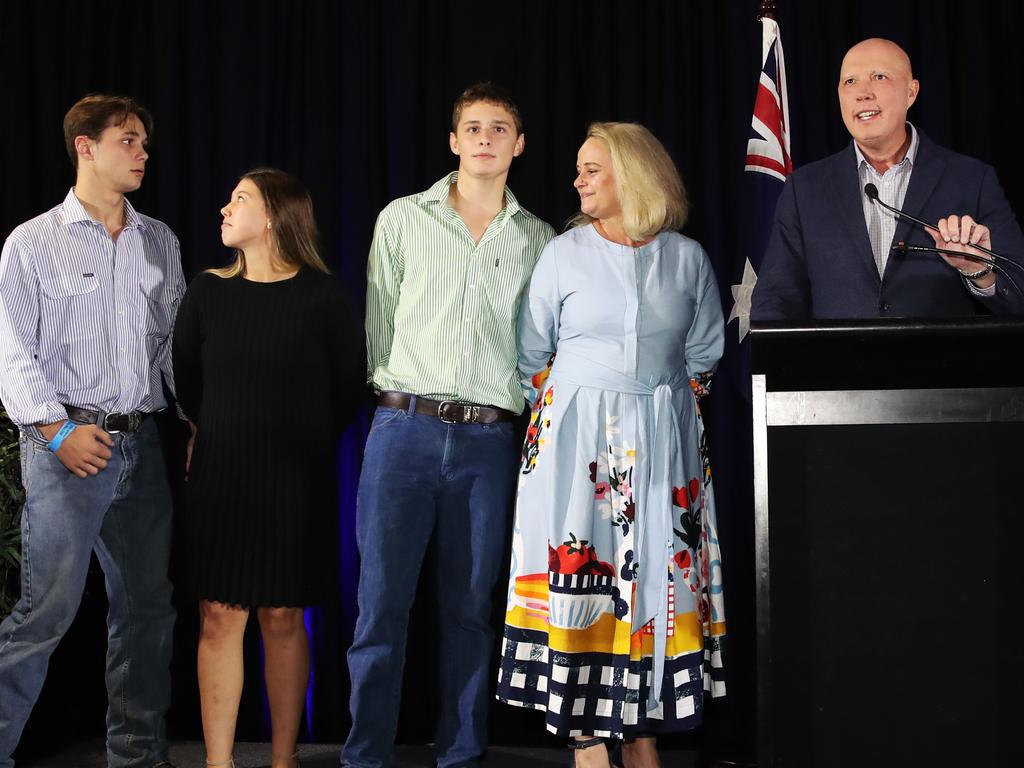 Peter Dutton at his 2022 election party with wife Kirilly and children. Picture: Zak Simmonds