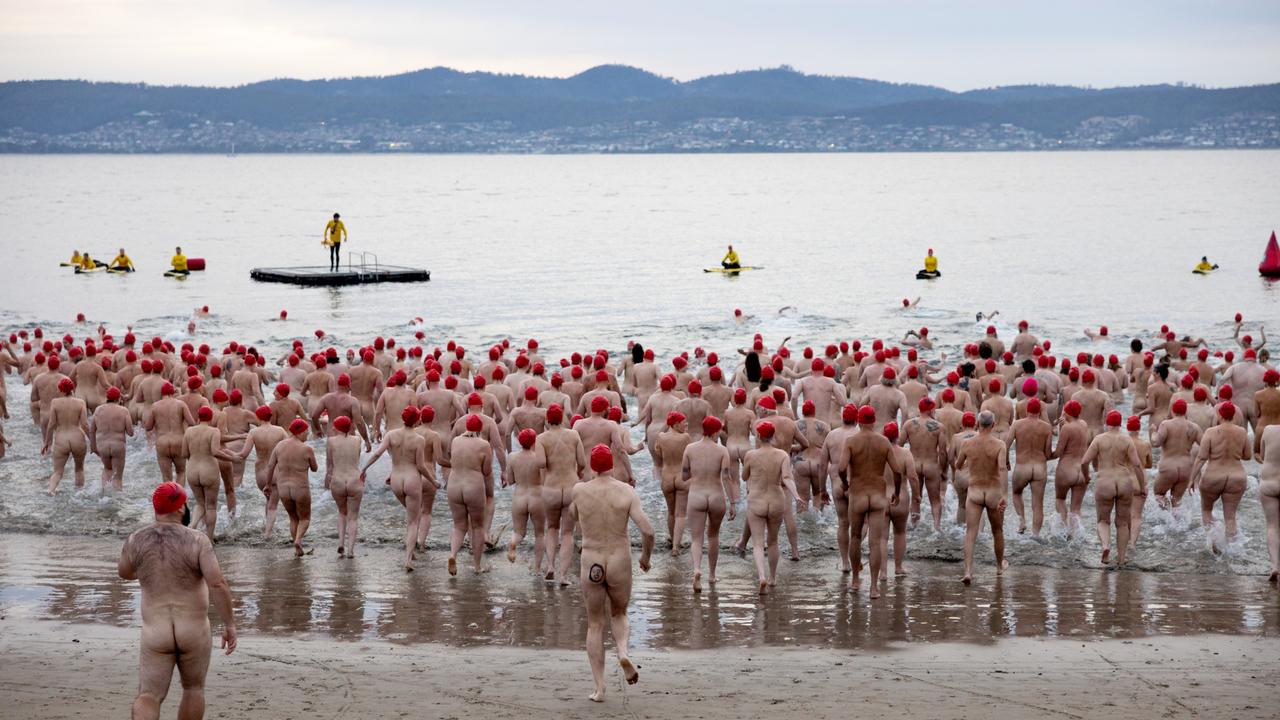 Popularity for no-clothing swims has been shown during Dark Mofo’s nude solstice swim held at winter solstice. Image of Nude Solstice Swim, Dark Mofo 2023. Picture: Rosie Hastie