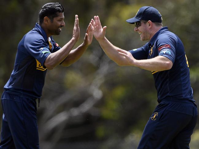 StrathmoreÃs Johnny Bassi, right celebrates after taking a catch during VSDCA cricket match between Strathmore and Box Hill in Strathmore, Saturday, Nov. 20, 2021. Picture: Andy Brownbill