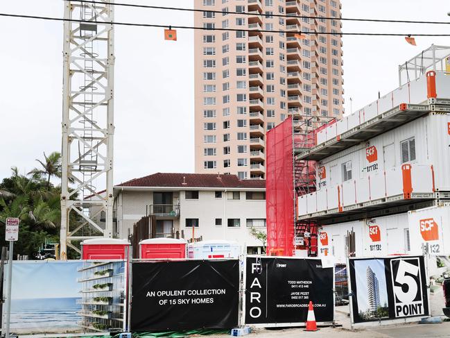 Big builder 5Point with multiple Gold Coast projects just been suspended.Security watches over their project Faro in Old Burleigh Rd Broadbeach. Picture Glenn Hampson